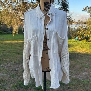 Porter Collective Oversized Button Shirt Crochet Sleeves Boho Cream Size Medium